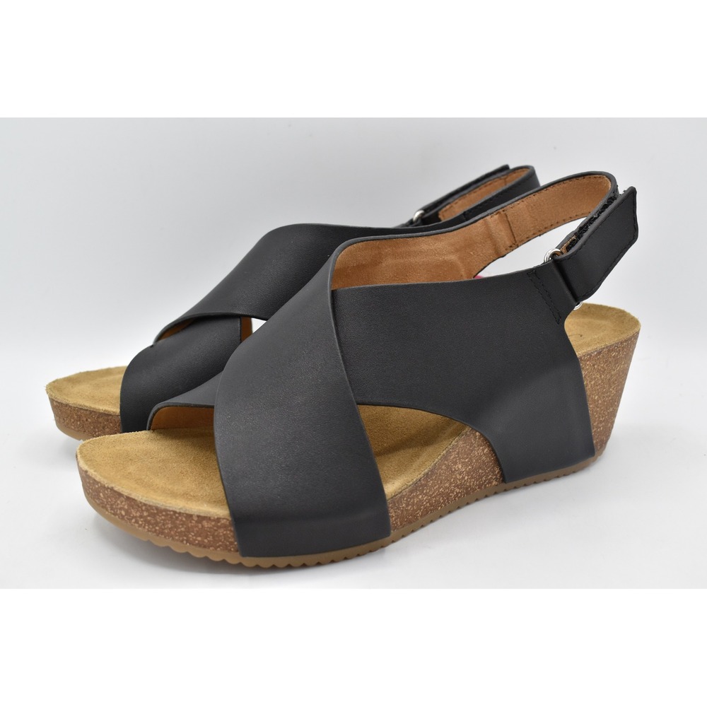 Comfortiva Eva Wedge Sandals Womens 8 Black Leather Memory Foam Coquette Beach